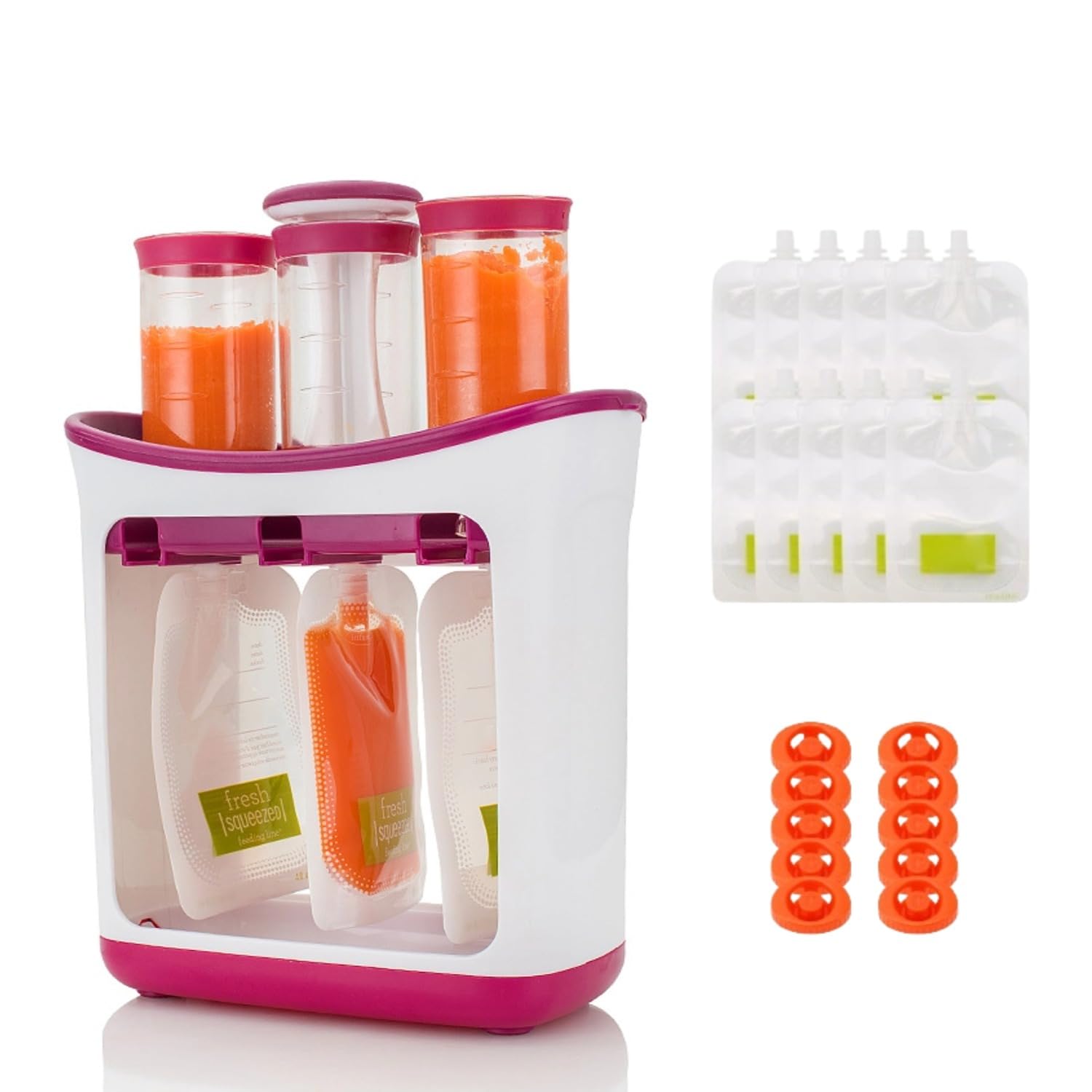 Squeeze Station Squeeze Station für Babynahrung mit 10/15 Quetschbeuteln Babynahrung BPA Frei Squeeze Maker für Smoothie Fruchtsaft Food Maker für Zuhause Küche Babys Kleinkinder (14)