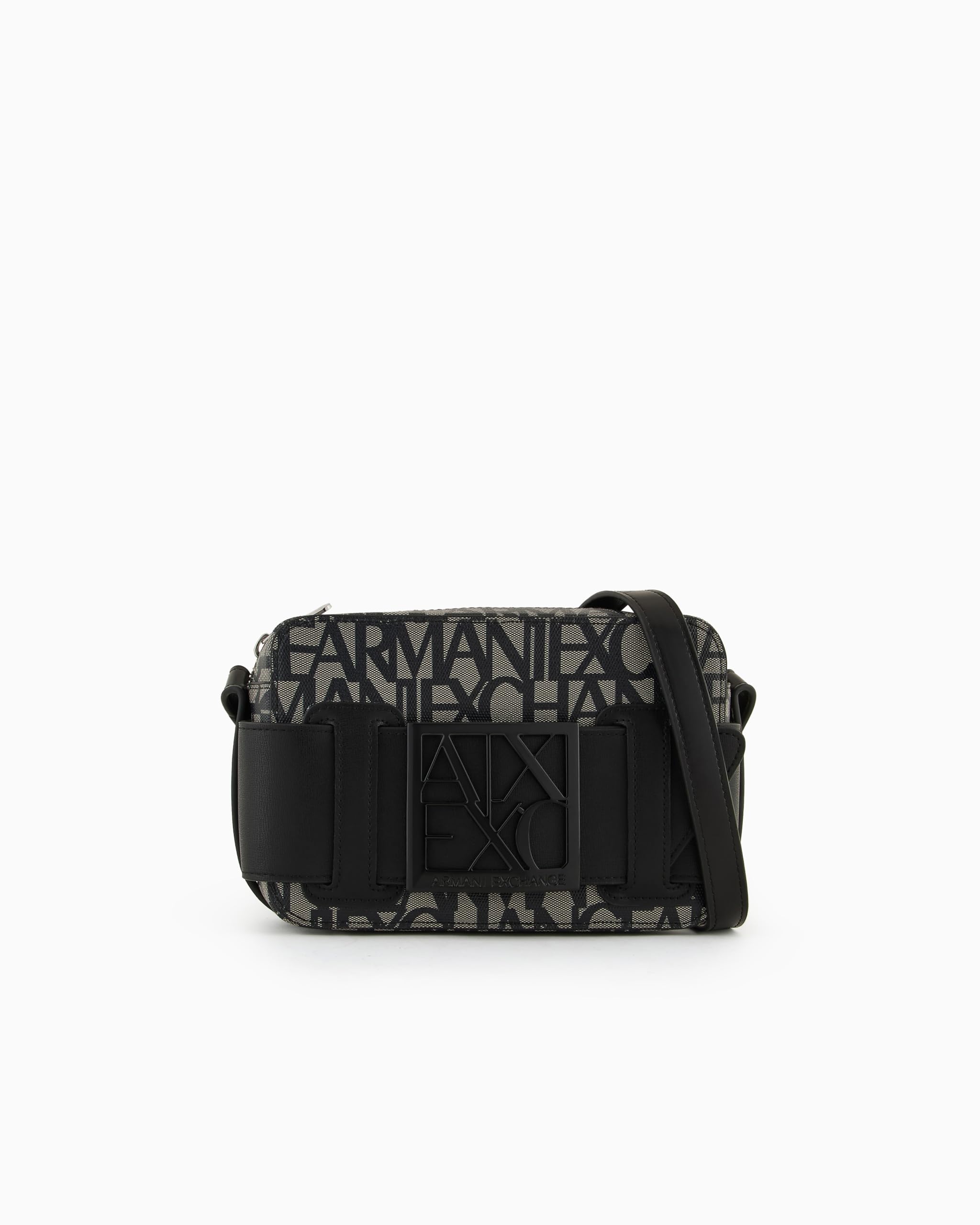 Armani Exchange Women's Logo Placket Top Zip Camera Crossbody Bag case, Beige/Black, One Size