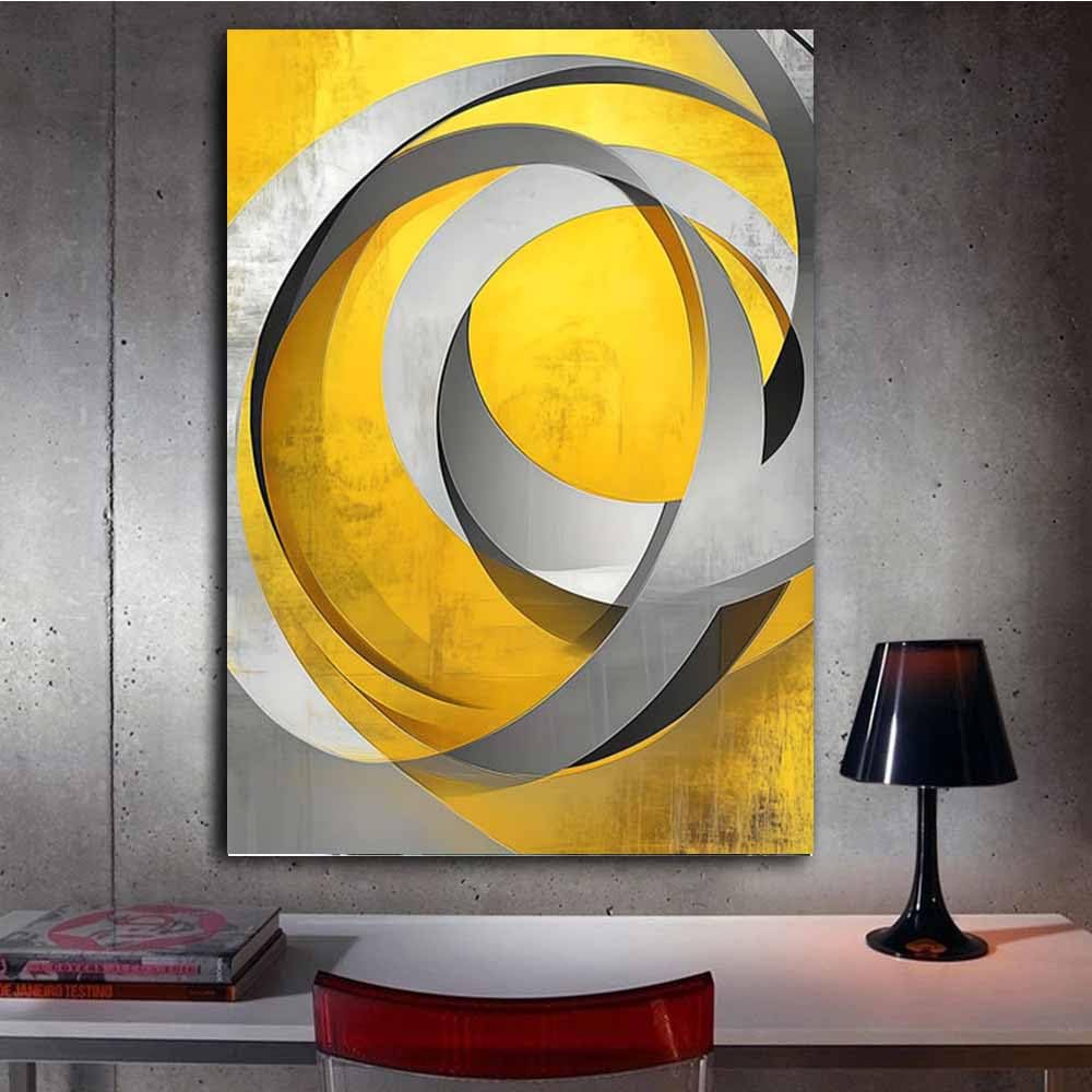 QUSAAOU Wandkunst Gelb Grau Metallische Kreis Ringe Modern Rahmen Wohnzimmer Dekoration Moderne Minimalistische Leinwandbilder FüR Esszimmer KüChe Heimdekoration(Yellow)-30x45cm Gerahmt