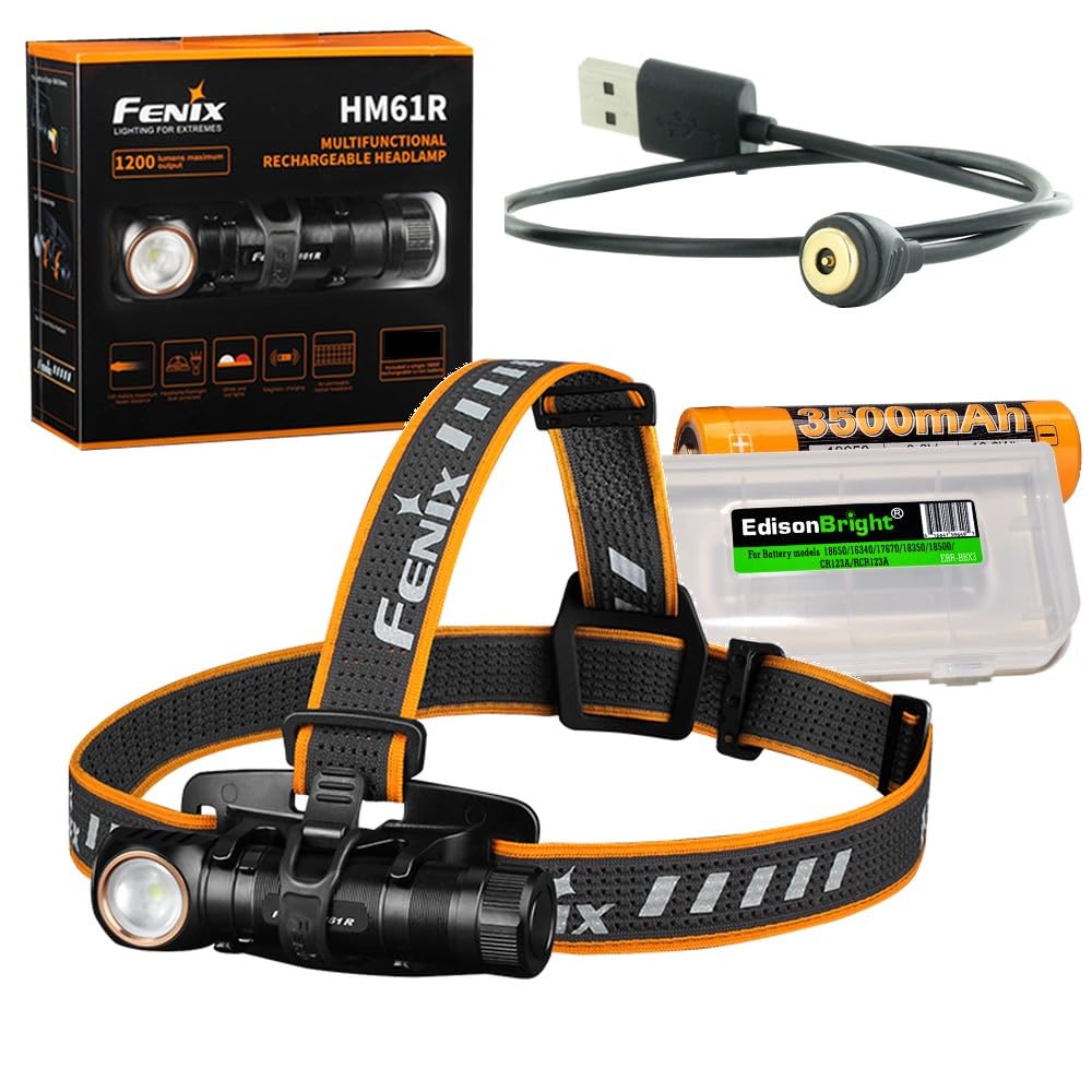 EdisonBright Fenix HM61R 1200 Lumen magnetically Rechargeable LED Headlamp Battery Carry case Bundle