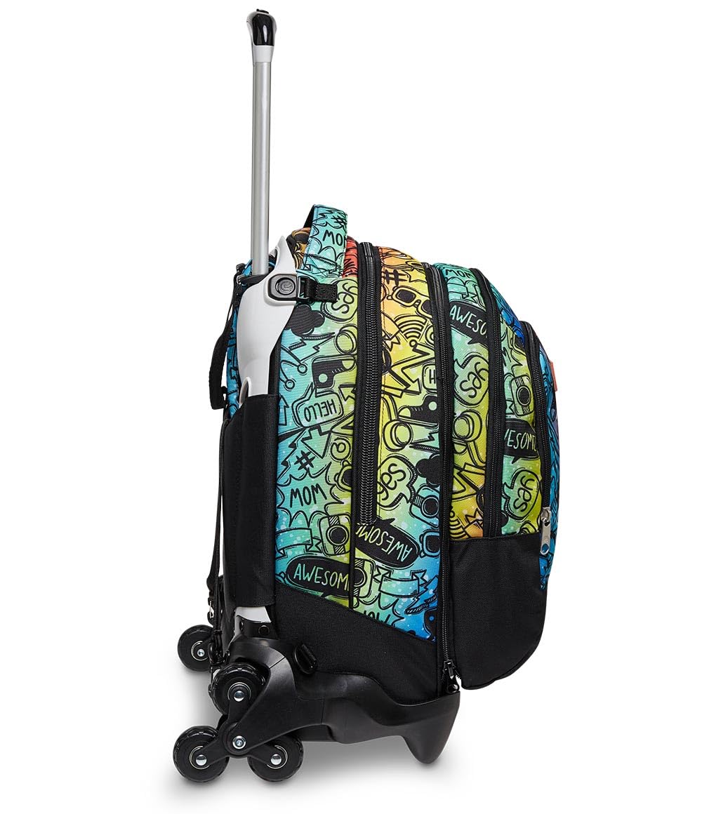 Trolley Scuola Seven JACK 3 RUOTE DETACH -FLUO STAMP, Multicolore -Zaino Uso 3in1 -Tasca frontale -CrossOver System -Tasca Porta Borraccia -Maxi ruote, Zaino Scuola, Trolley Viaggio Bambino