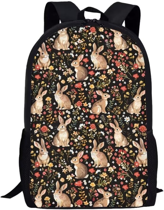 Lightweight Hiking Backpack Cute Flower Rabbit, Animal Print Travel Ready Daypack for Outdoor Enthusiasts 17in