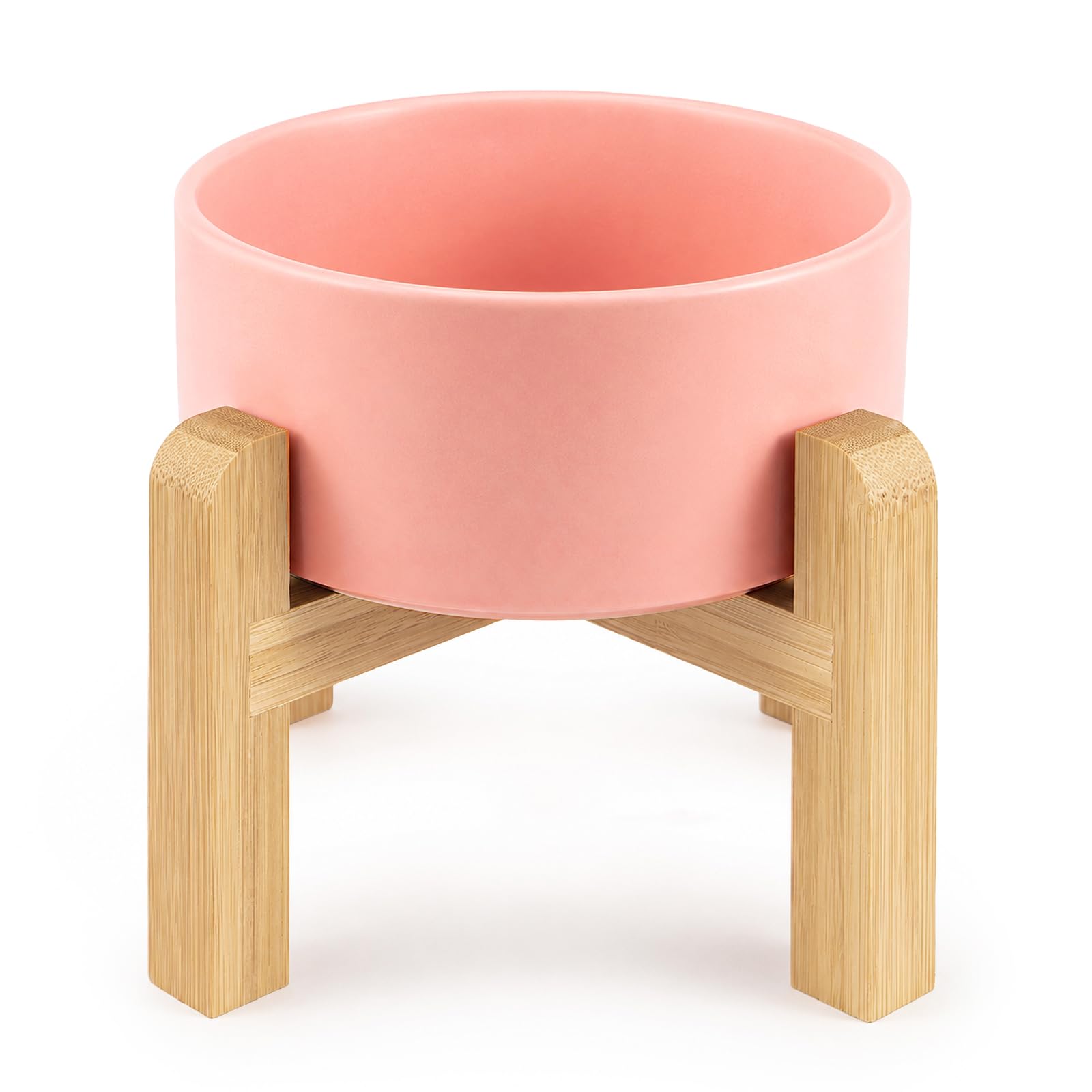 Minifactory Ceramic Raised Cat Bowl with Bamboo Stand, Elevated Cat Food and Water Bowl, Adjustable Height Pet Feeding Bowl, Anti Vomiting Cat Dish, Non Slip Bowl for Cats and Small Dogs (Pink, M)