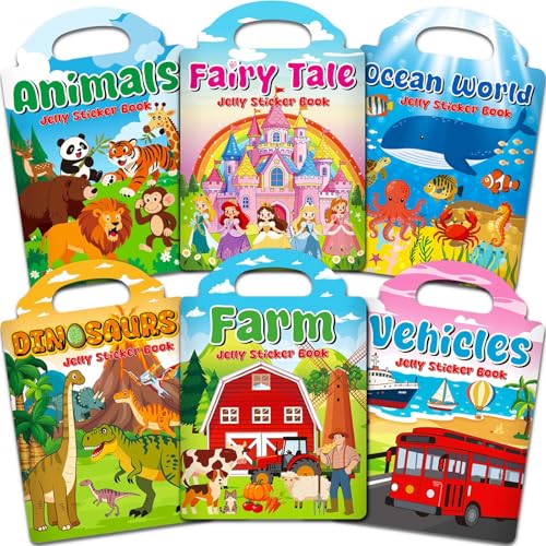 LYNKTOTS 6 Sets Reusable Sticker Books for Toddlers 3+ Years Jelly Sticker Book for Kids Travel Stickers Activity Book Travel Toys for Toddlers