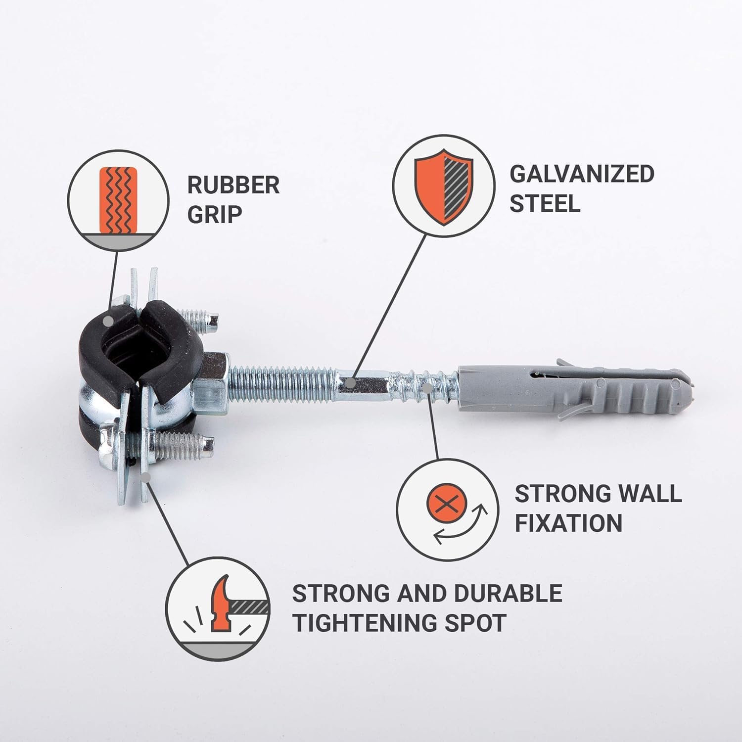 (Pack of 2) Pipe Brackets with Rubber Linings for 0.59" - 0.74" (15-19 mm) Pipes, Pipe Clamps, Pipe Supports for Wall and Ceiling Mounting
