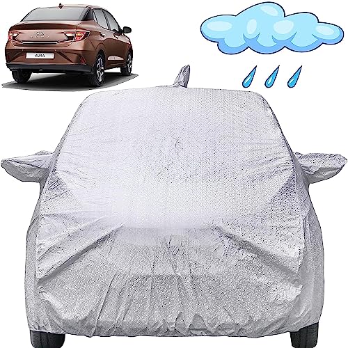 Image of Autofact Waterproof Car Body Cover Compatible with Hyundai Aura (2020 to 2021) with Mirror and Antenna Pockets (Shinning Silver).