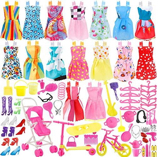 WENTS Kleidung zubehör Set Für Barbie Puppen Kleider Schuhe Kleiderbügel Puppe Stand Halter Accessoires für Kinder Geschenk Klamotten Party Kleider Puppen Zubehoer 112PCS