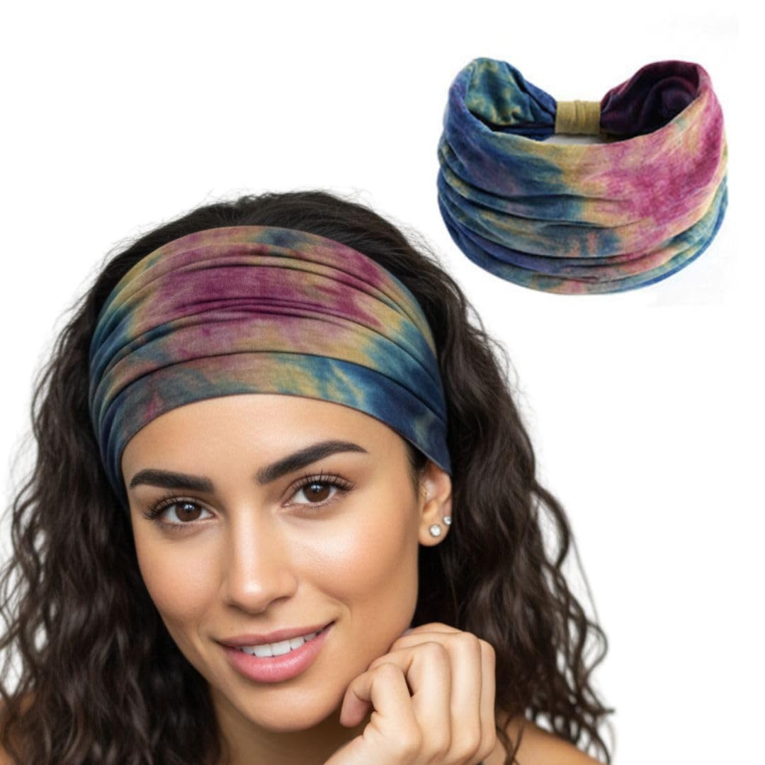XFytXFYT Boho Chic Tie-Dye Workout Hair Bands | Sweat-Proof Your Gym Fitness Soft Wide Head Band Running Yoga Sports Bandana for Girls Women (Mix Boho), Multi-coloured, Microfiber