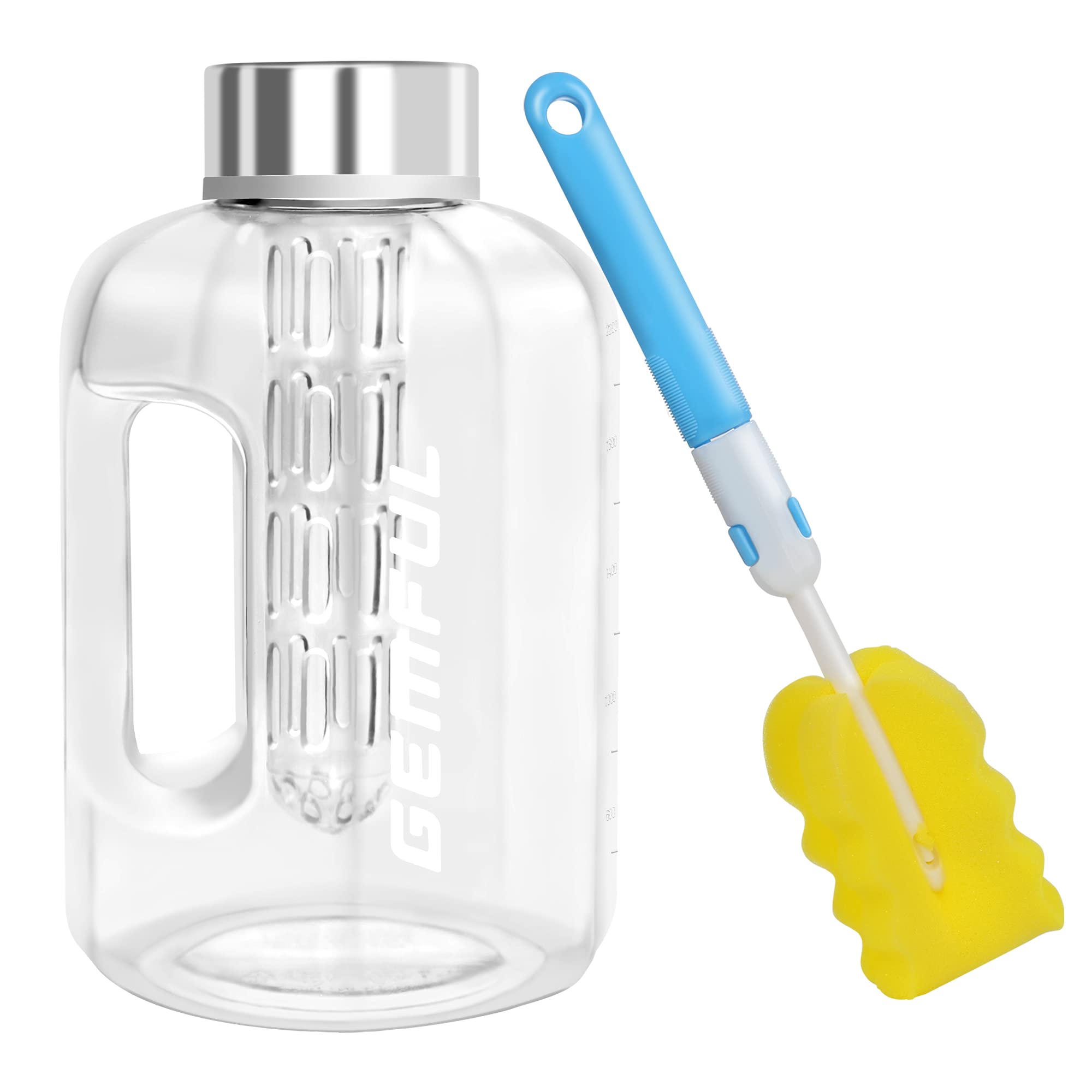 Large Water Bottle 2.2 Liter with Fruit Infuser Time Marker Motivational Big Sports Drinking Jug BPA Free (White)