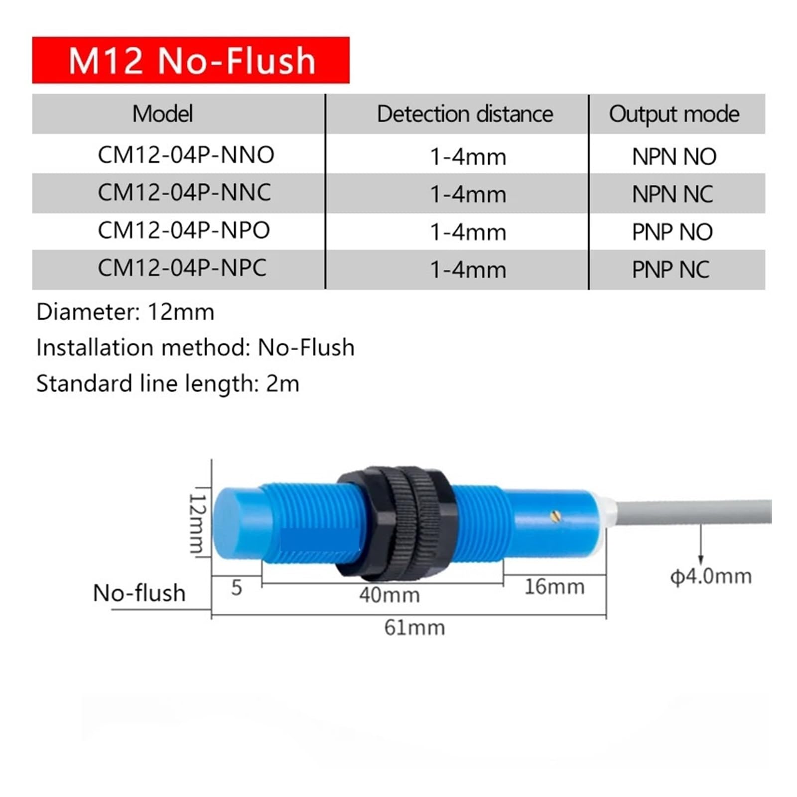 M12 kapazitiver Näherungsschalter, zylindrisches Kunststoffgehäuse, nichtmetallische Erkennung, Sensormaterial, Leitungssensor(CM12-04P-N,PNP NC)