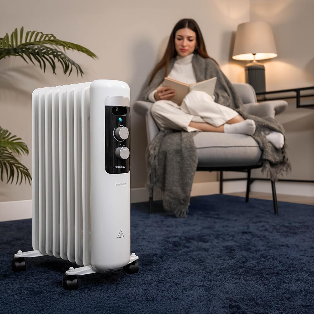 Cecotec Radiador Eléctrico de Aceite Bajo Consumo de 9 Módulos ReadyWarm 950 Space White. 2000W, 3 Niveles de Potencia, Sistema de seguridad y Ruedas, Ideal para 20m², Blanco