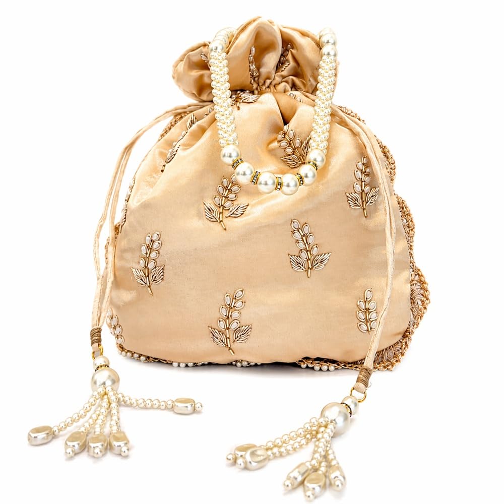 Hand Embroidered Art Silk Potli Bag for Women | Pearl Handle Drawstring Ethnic Clutch Pouch | Wedding Party Festive Traditional Handbag - Beige-image-35