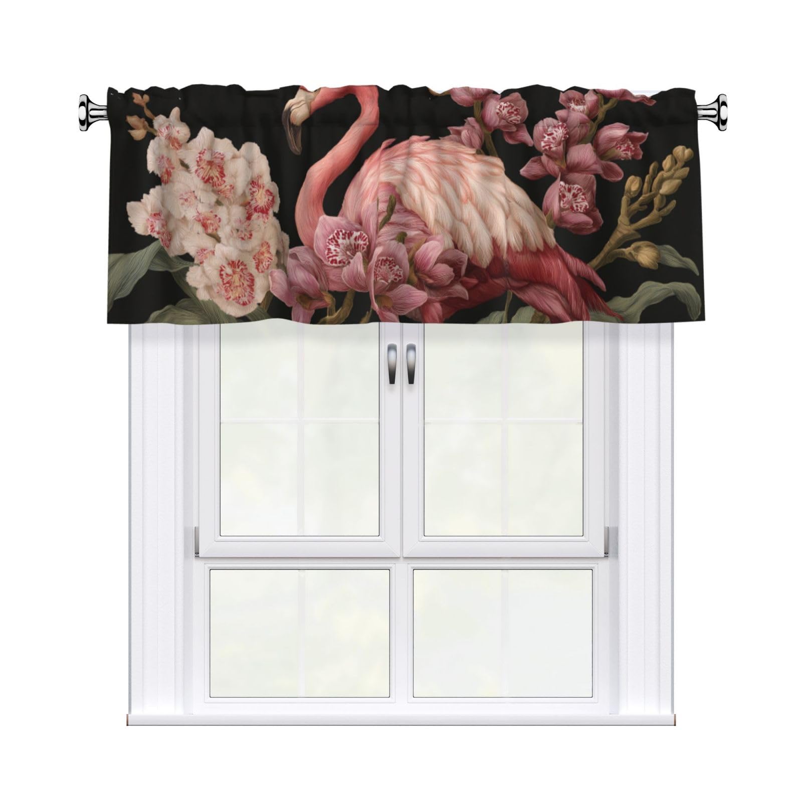 Woshuwo Pink Flamingo And Orchid Valances For Windows Rod Pocket Window Treatment Short Curtains For Kitchen Living Room Bedroom Decor 54x18in
