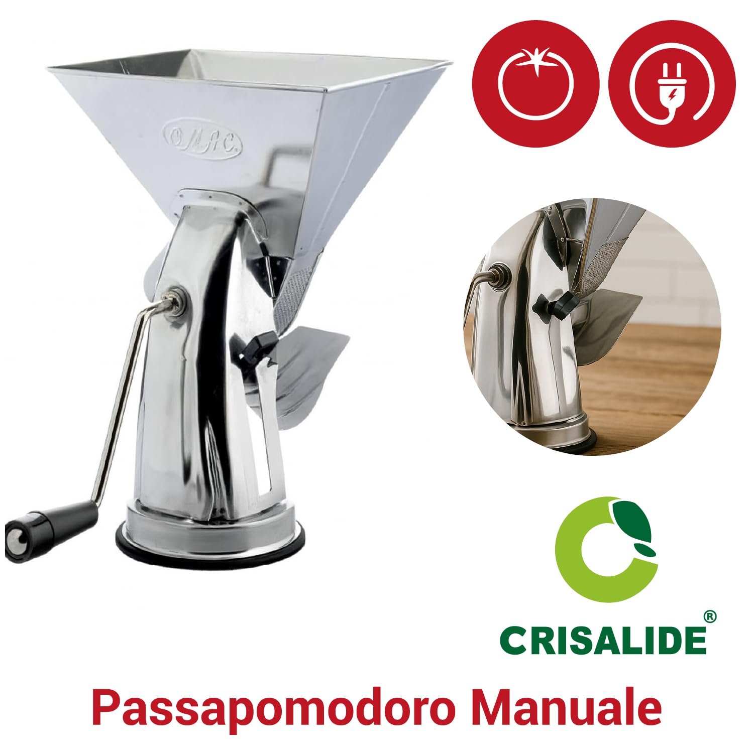 Crisalide® - Passapomodoro Manuale in Acciaio Inox 18/C con Ventosa Antiscivolo, Rullo in Alluminio, Retina in Acciaio Inox 18/10 e Leva in Nylon