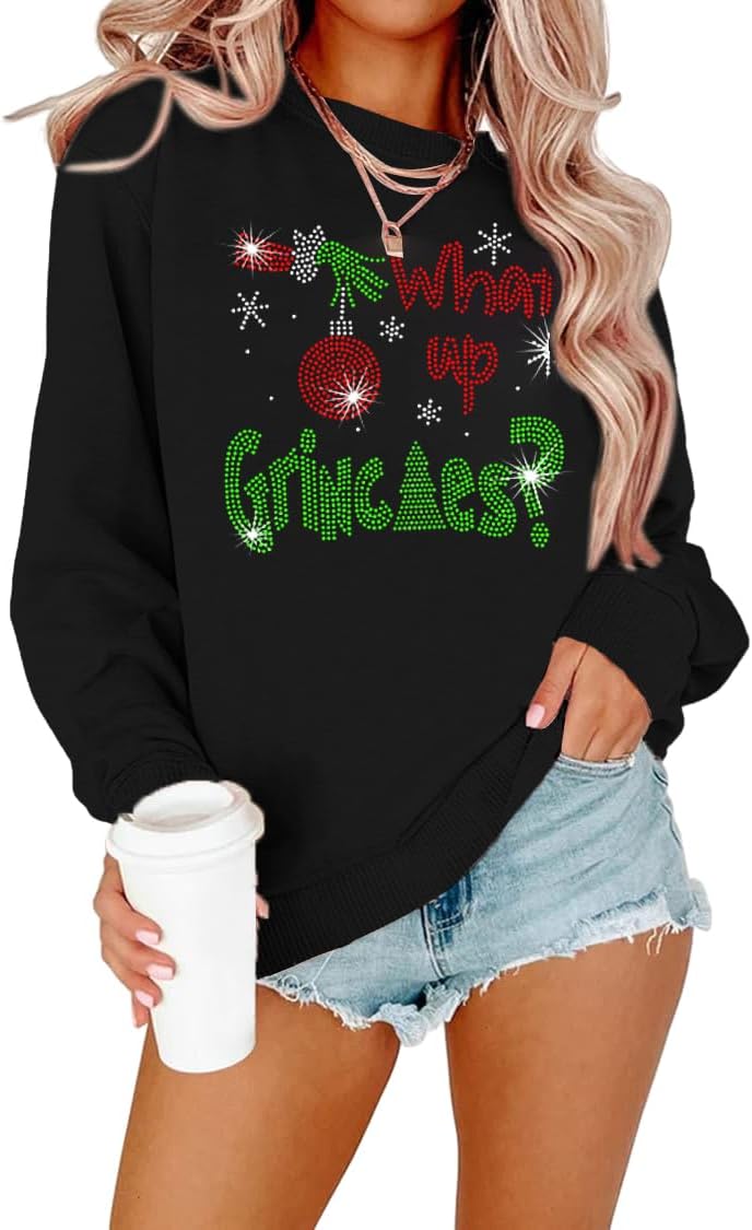 MOUSYAChristmas Sequin Sweatshirts Women Rhinestone HoHoHo Christmas Shirt Funny Santa Tee Xmas Long Sleeve Pullover Top