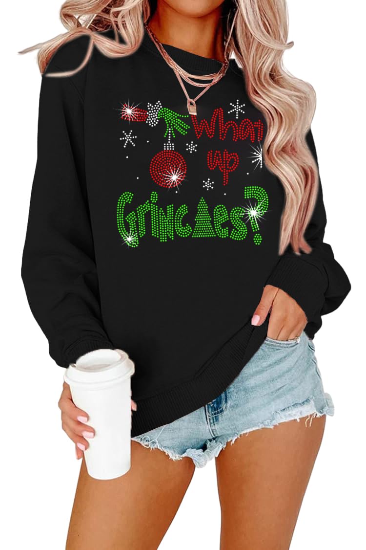 MOUSYAChristmas Sequin Sweatshirts Women Rhinestone HoHoHo Christmas Shirt Funny Santa Tee Xmas Long Sleeve Pullover Top