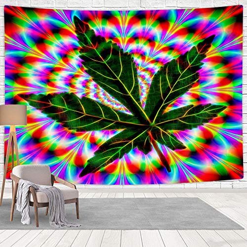 Trippy Psychedelic Weed Blacklight Tapestry - Marijuana Leaf Wall Hanging for Bedroom, Livingroom, Dorm - Hippie Art Aesthetic Colorful Decor, 60X40in