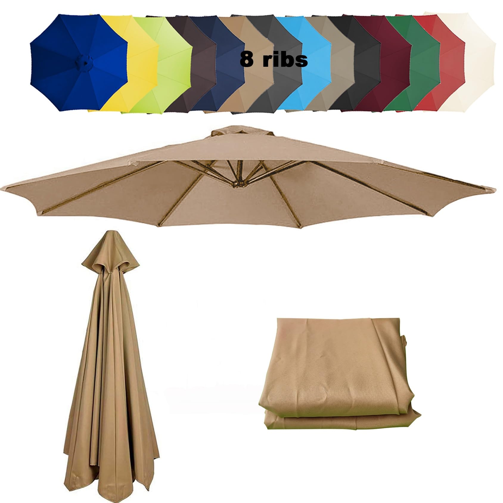 6.5'/8.8'/9.8'(200cm/2.7m/300cm) Replacement Parasol Fabric Cover, 6 8 Ribs Anti-Ultraviolet Patio Umbrella Replacement Cloth, Garden Parasol Umbrella UV50+ Polyester Canopy(Color:Khaki,Size:8 ribs-2.