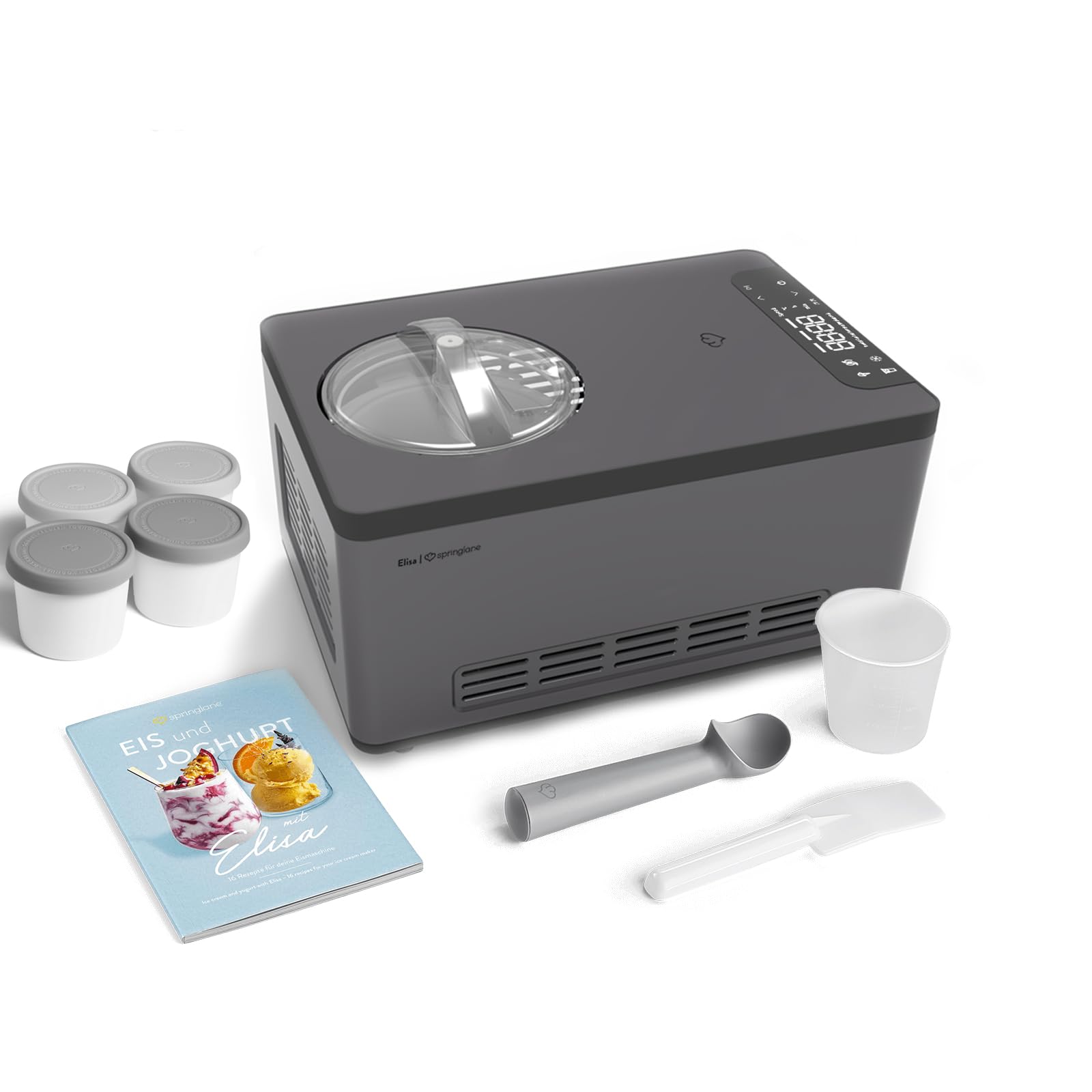 SPRINGLANE Eismaschine & Joghurtbereiter Elisa 2,0 L mit selbstkühlendem Kompressor 220 W, aus Edelstahl mit Kühl- und Heizfunktion (Elisa Anthrazit, Eismaschine + 4 Eisbehälter Grau)