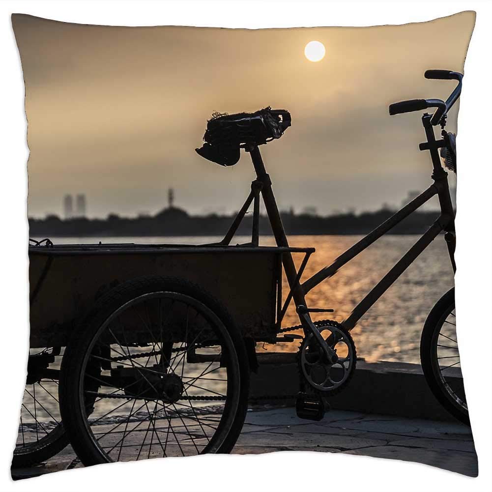Throw Pillow Cover (16x16 inch) - Dusk Tricycle Songhua River Sketch Sunset