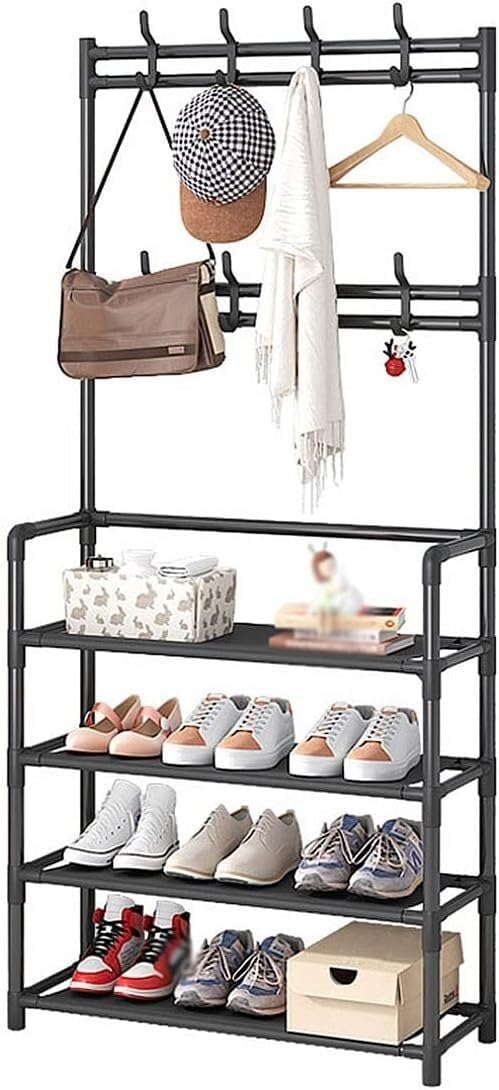 KIJyfgTR Coat Rack, 2 In 1 Storarack With Shoe Rack Fits Your Hallway Entryway With 4-Tier Shelf For Storashoes Clothes(Schwarz,60Cm)