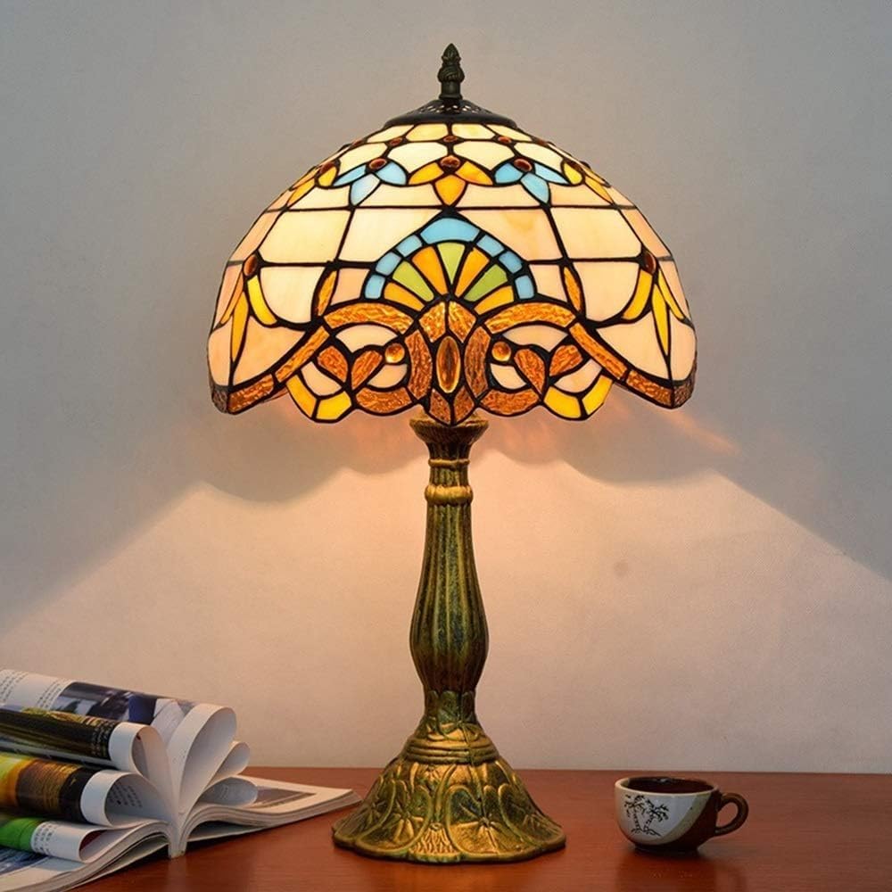DFAEEKIYO Table Lamp European Retro Tiffany Style Stained Glass American Bronze Metal Antique Living Room Bedroom Bedside Bar