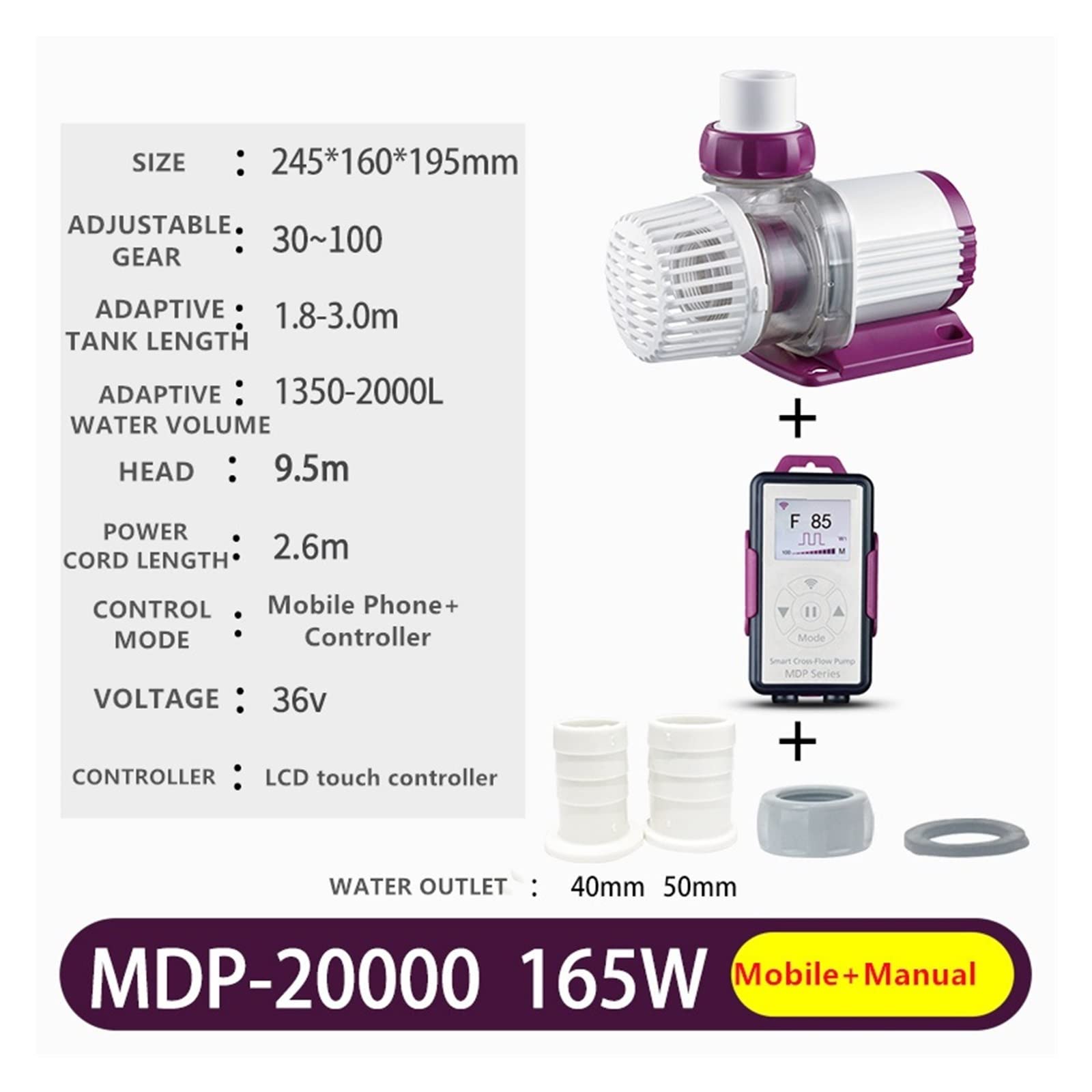 Bomba sumergible pequeña ajustable Pantalla LCD con control Wifi MDP-2500 3500 5000 8000 10000 Bomba de agua for acuario(MDP-20000)