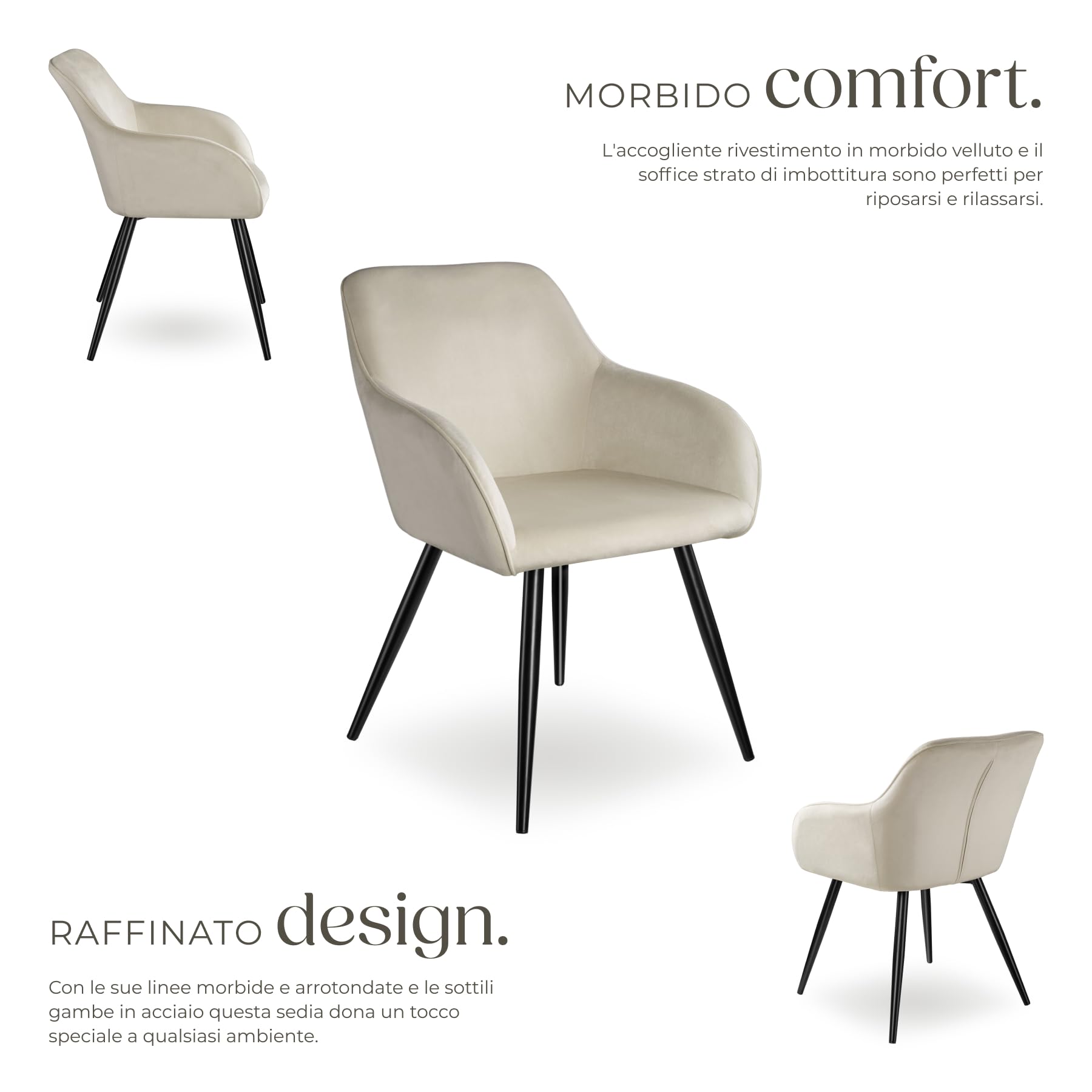 tectake® Set 6 Sedie Sala da Pranzo Effetto Velluto, Sedie Soggiorno con Morbida Imbottitura, Seduta Ergonomica, Poltrone Velluto Versatili, Sedie Design Moderno - Crema/Nero