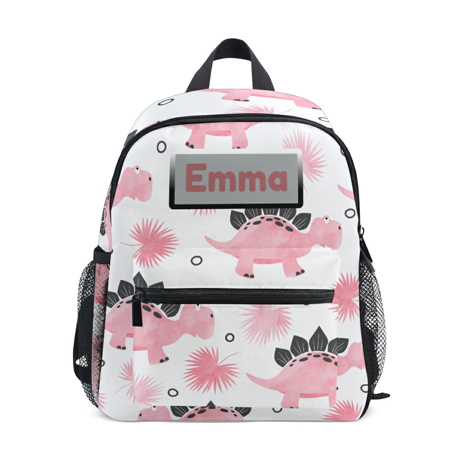 Aflyko Custom Name Pink Dinosaur Leaves Kids Backpack for Daycare Bookbag Kindergarten Daypack for Toddler Girls Boys 10" × 4" × 12"