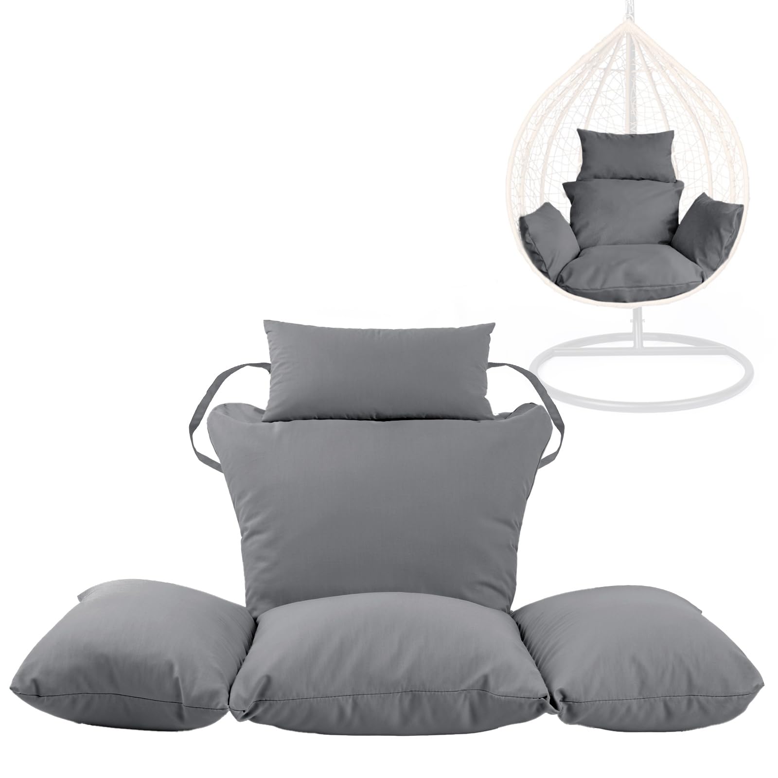 Swing Egg Chair Replacement Cushion, Foldable Water-Resistant Hanging Basket Swing Chair Cushion with Headrest Pillow, Outdoor Porch Backyard Patio Hammock Swing Replacement Cushions (Dark Grey)