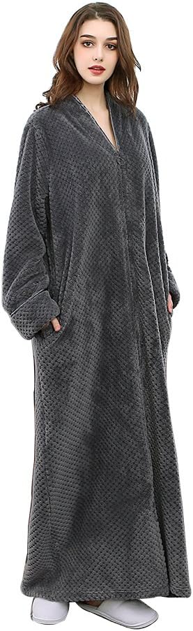Womens Plus Size Fleece Dressing Gown Soft Bathrobe Full Length with Zipper