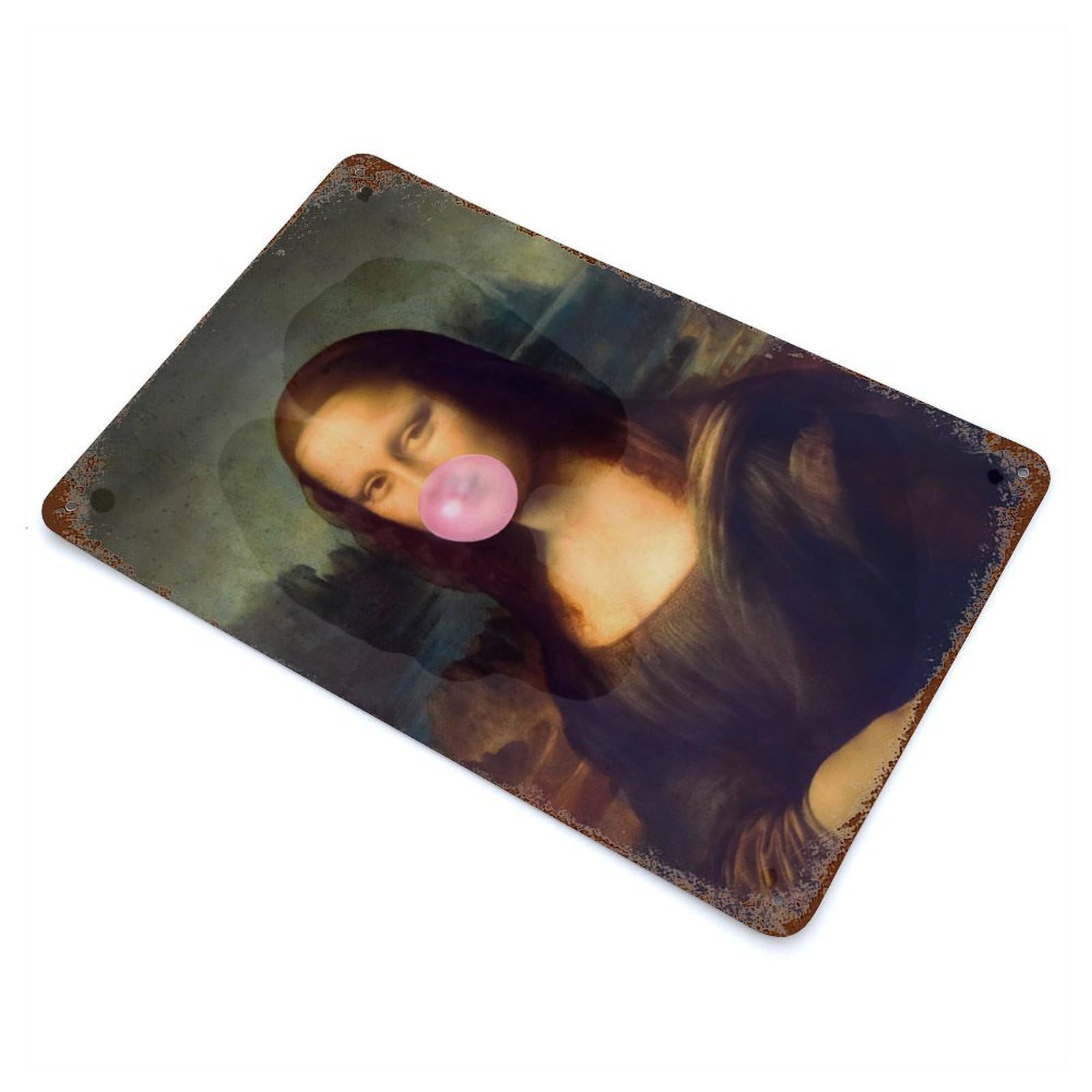 Mona Lisa with Bubble Gum Vintage Rust Metal Sign 11.8"x7.9", for Pub, Kitchen And Man Cave Decor, Rustic Home Decor