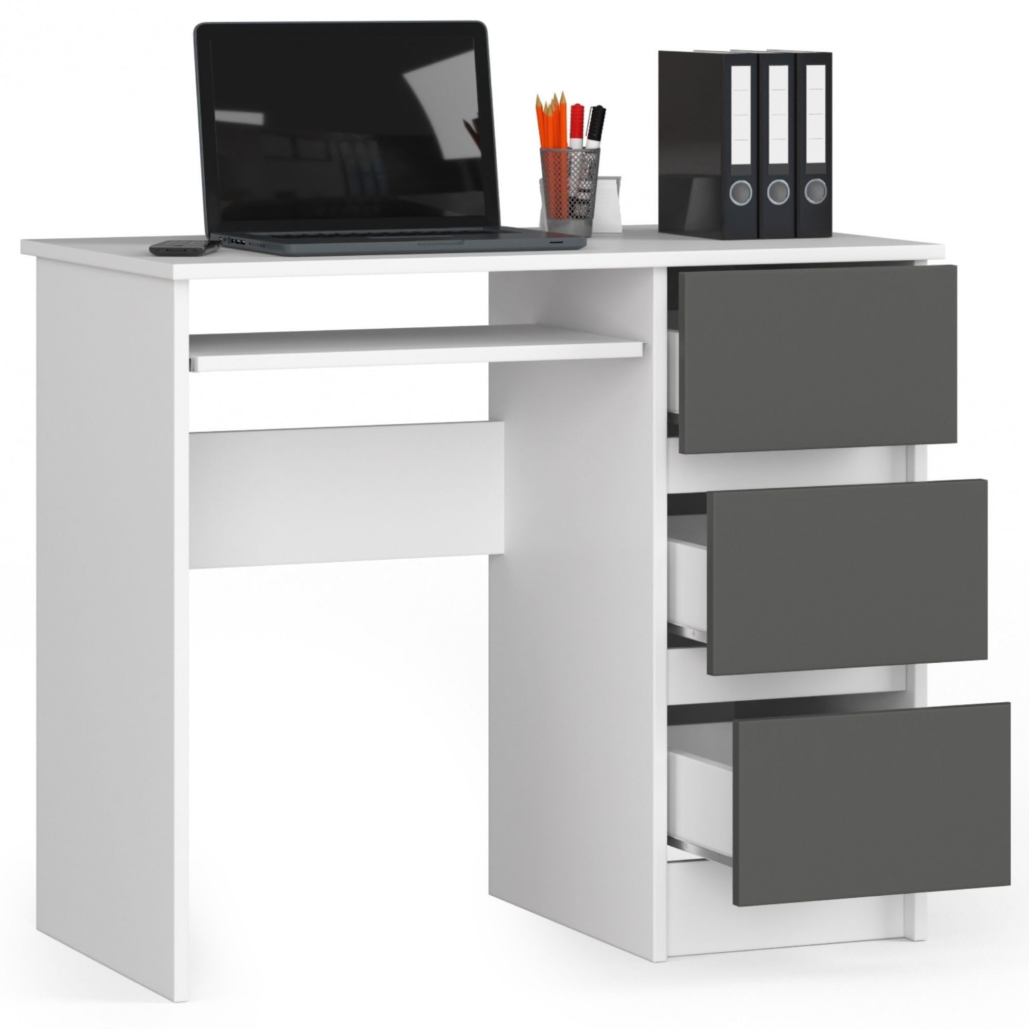 AKORD Schreibtisch A6 90 cm | 3 Schubladen Rechts | Schreibtisch | Bürotisch | Computertisch | Arbeitstisch | Laptoptisch | Bürmöbel | B90 x H77 x T50 cm | Gewicht 29,95 kg | Weiß/Graphitgrau
