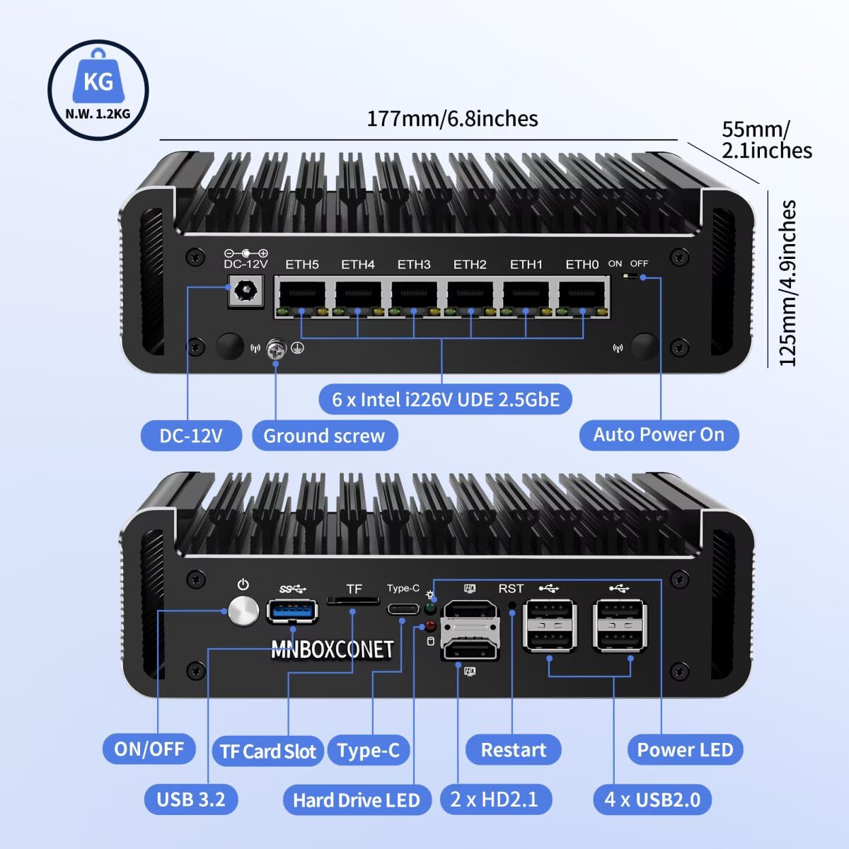 Mini PC N97 Firewall Sin Ventilador (hasta 3.6GHz), Micro Computadora de Hardware DDR5 16GB RAM 256GB con 6 x LAN 2.5GbE I226-V, OPNsense, Tipo C, TF, AES-NI