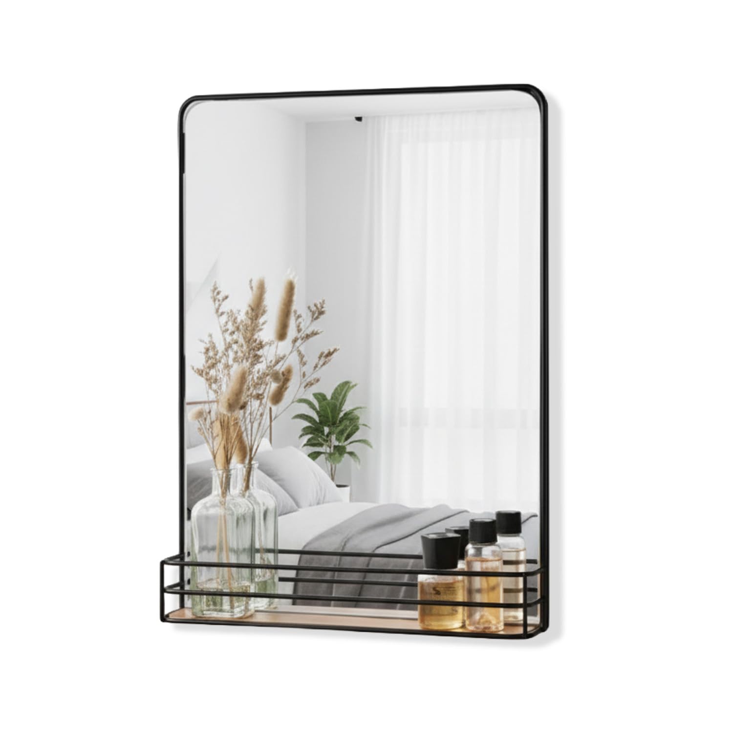 Avilia - Specchio da Parete 40x30x5cm Moderno con Cornice Nera e Ripiano in Legno - Specchio da Bagno con Mensola Portaoggetti Integrata - Design Elegante per Ingresso, Camera e Corridoio