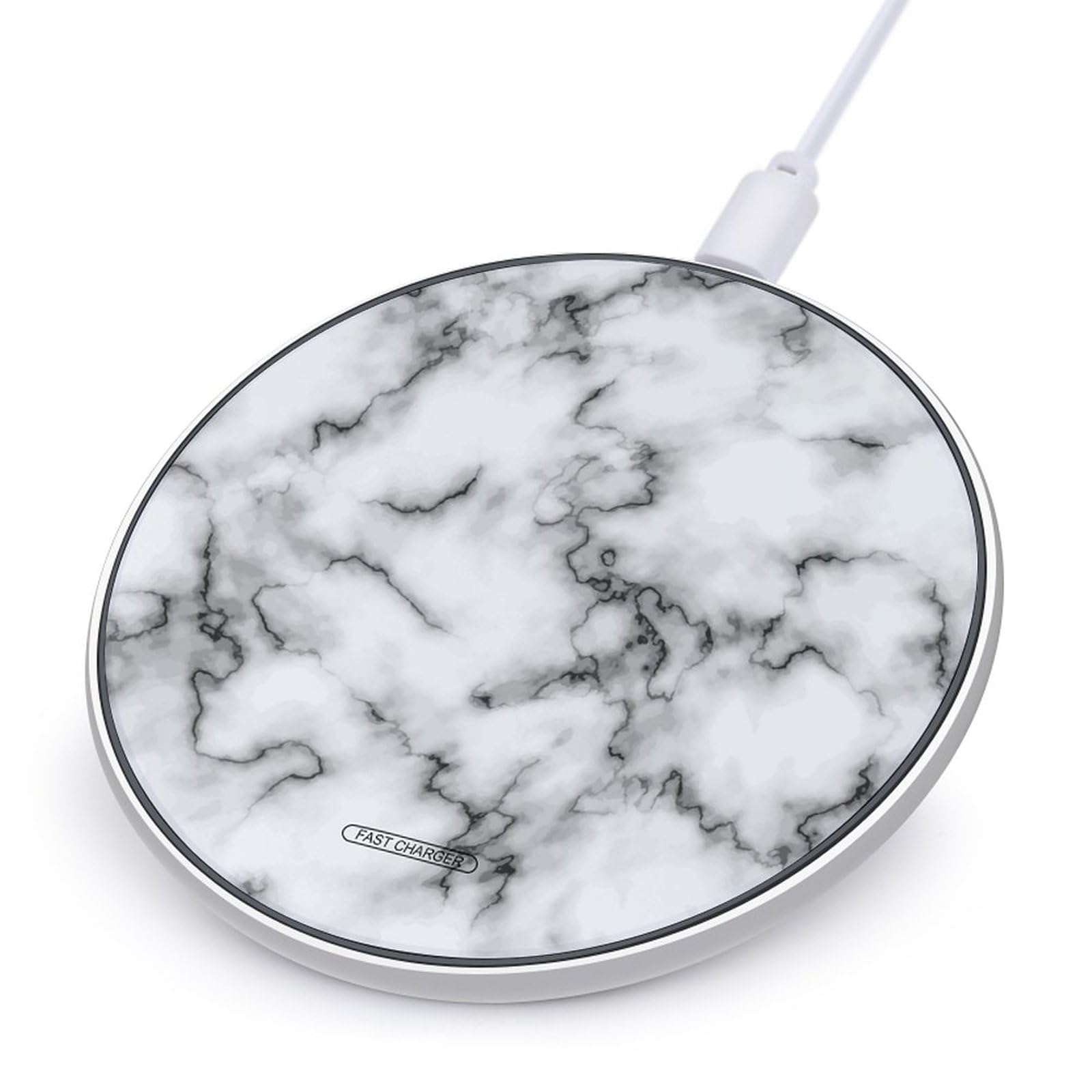 White Marble Stone Cute Charger Pad 10W Max Round Charging Stand with USB Cable Compatible with Most Cell Phone (No AC Adapter)