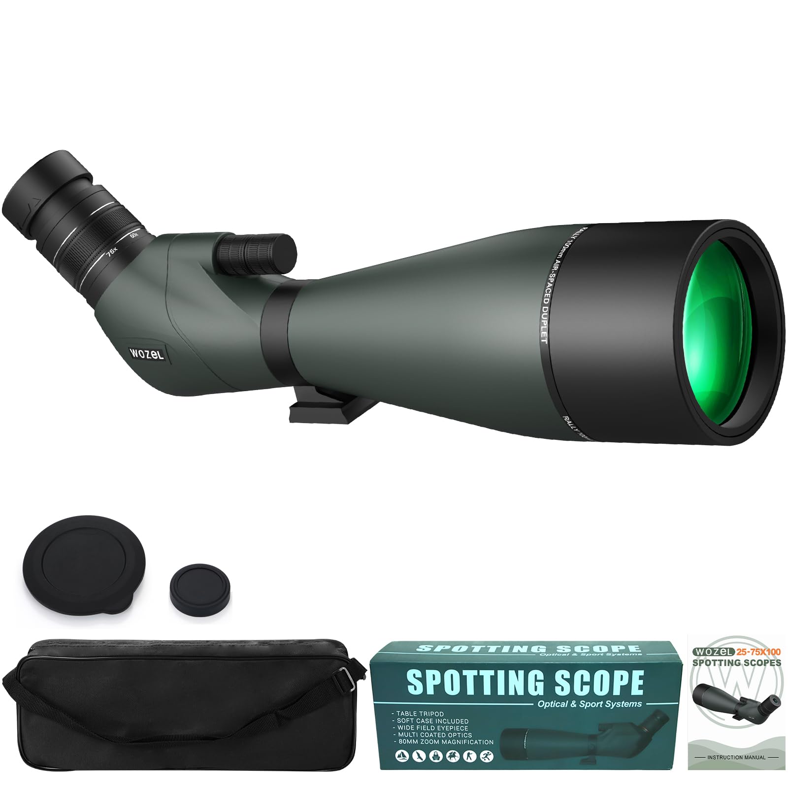 WOZEL Lunette d'observation HD 25–75 x 100 mm – Prisme BAK4 coudé à 45 degrés haute définition étanche pour observation des oiseaux, tir sur cible, chasse, observation de la faune sauvage avec sac de