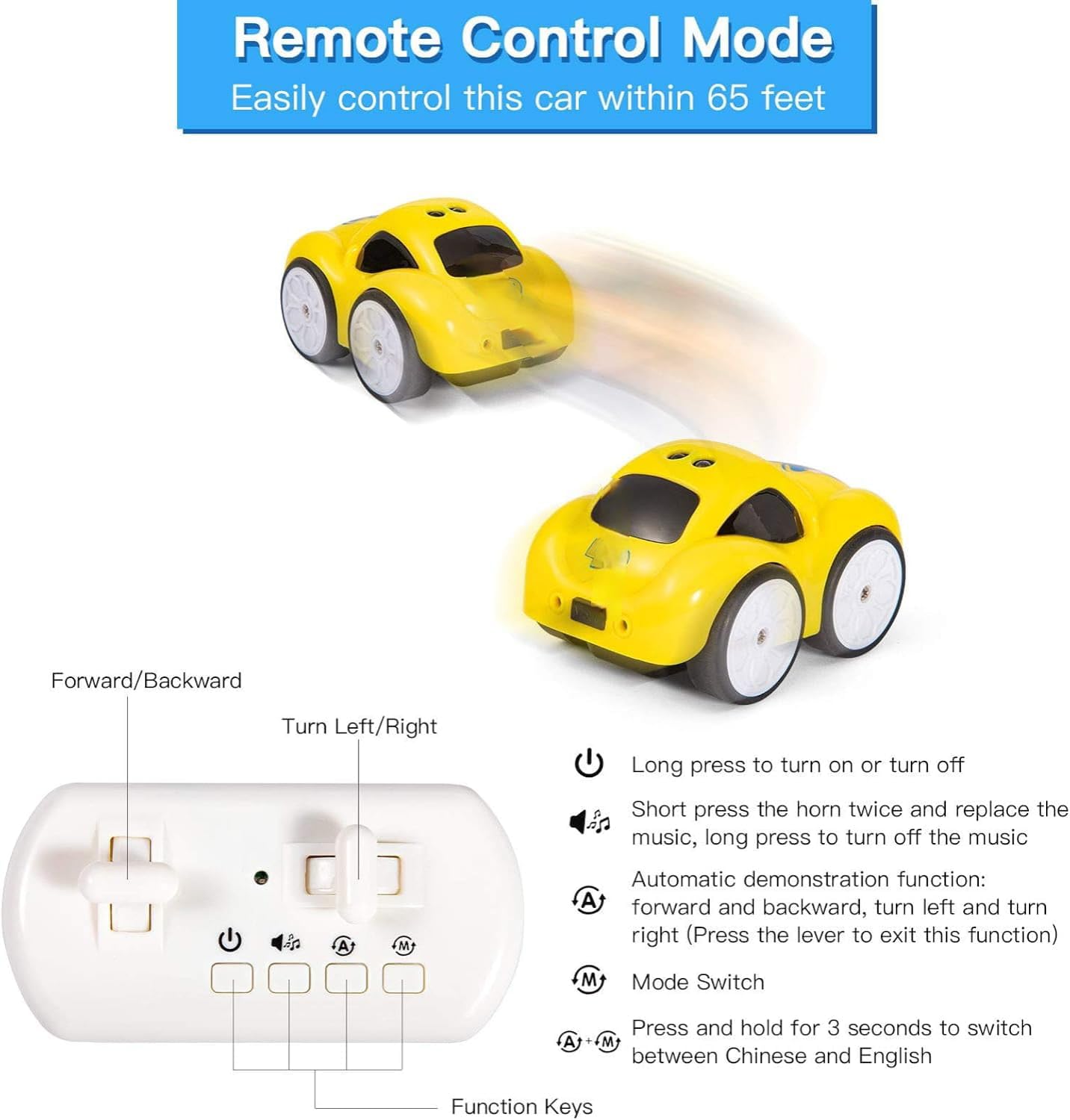 Ruzarth 2.4GHz RC Cartoon Car for Kids | Auto Follow Track Sensor Mode, Obstacle Avoidance, Music & Lights | Remote Control Toy Car for Best Gift Toddlers Boys Girls. (Yellow) 1