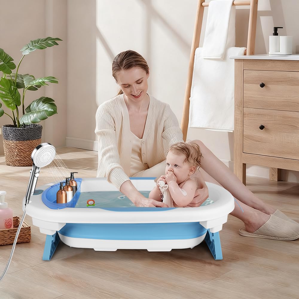 Składana wanna dla niemowląt z poduszką kąpielową, ergonomiczna, antypoślizgowa, dla noworodków w wieku 0 miesięcy, wanna termostatyczna z matą kąpielową i czepkiem prysznicowym