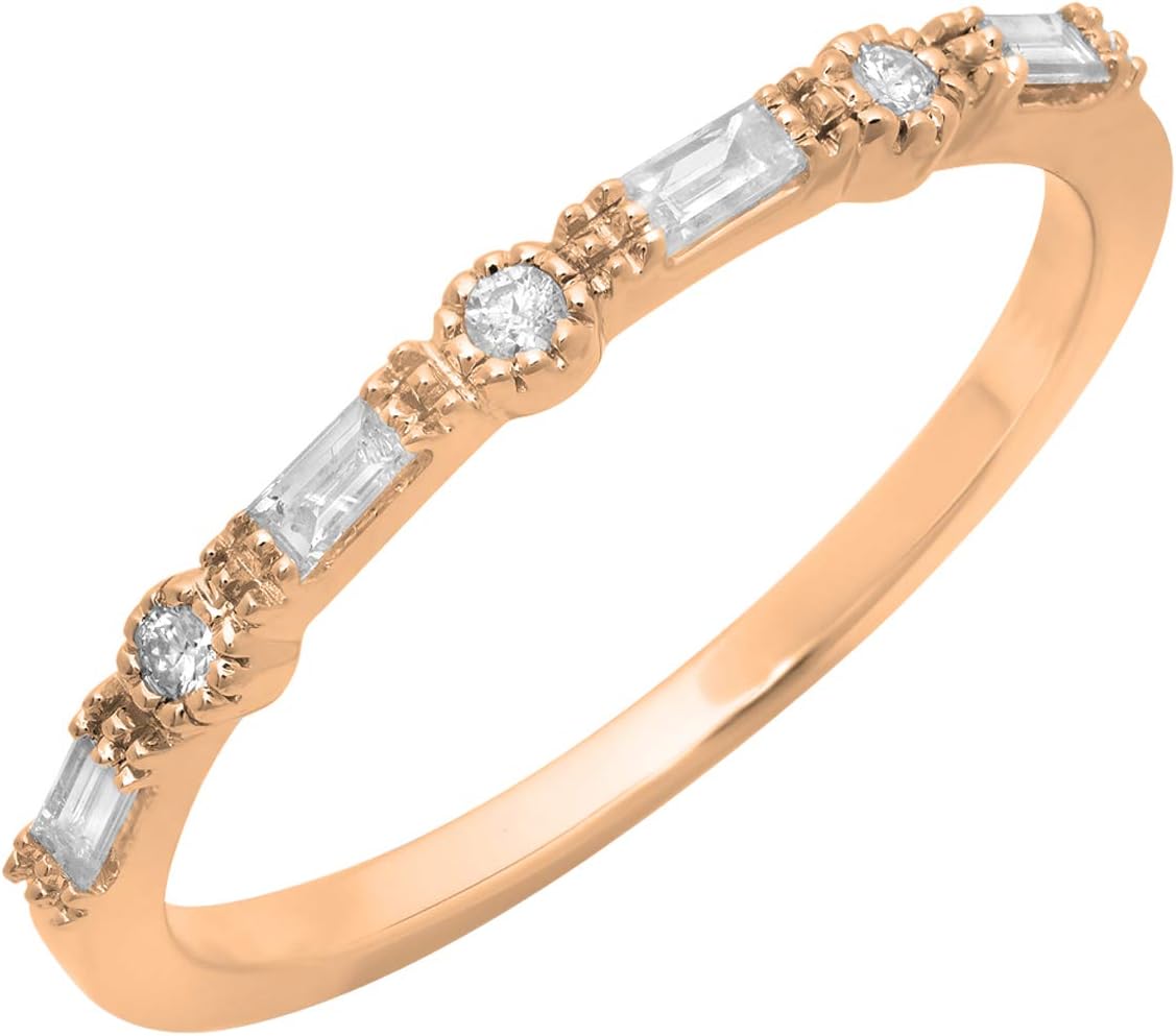 Dazzlingrock Collection 0.15 Ctw Round & Baguette Alternate White Natural Diamond Stackable Ring for Women in 10K Real Solid Gold