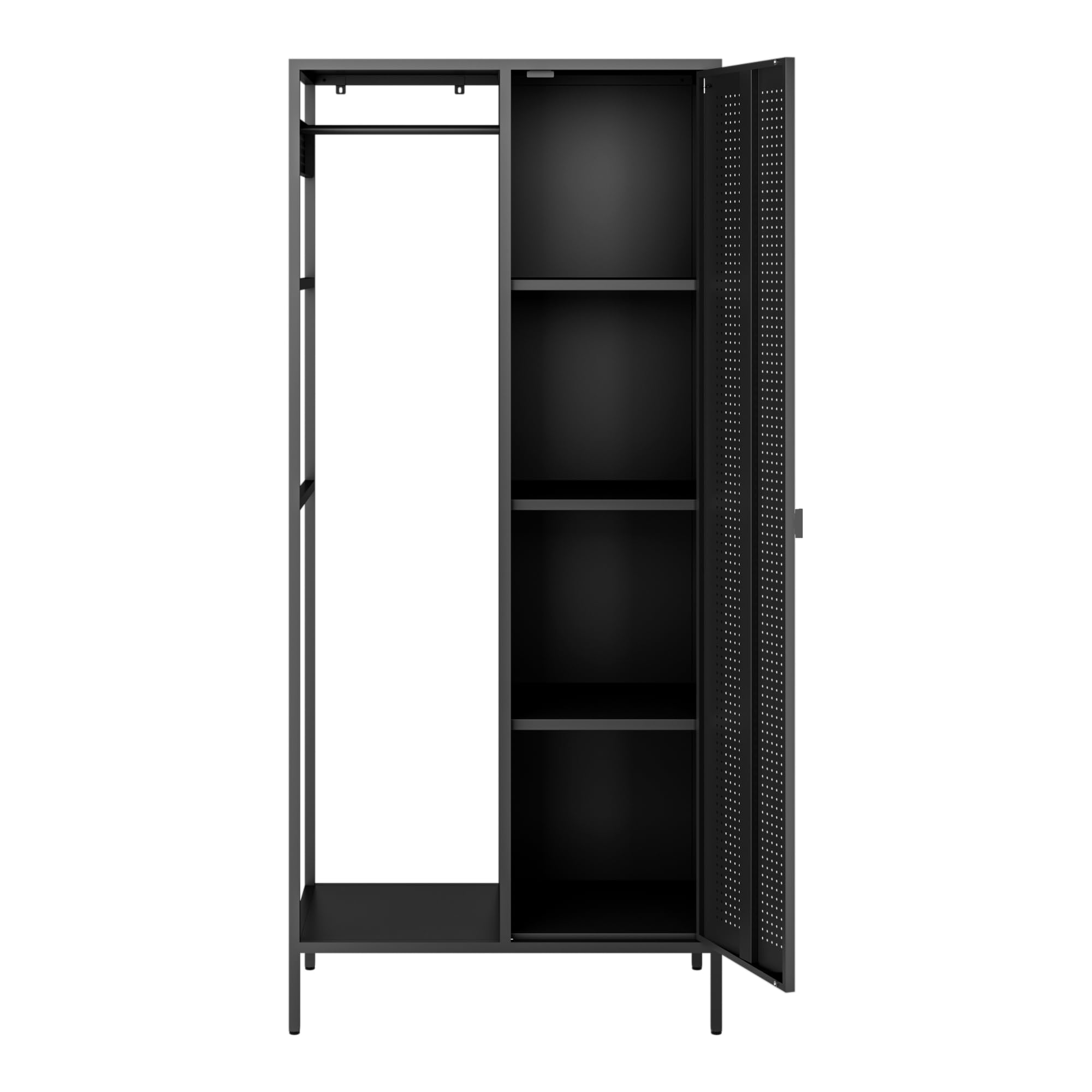 [en.casa] Szafa na ubrania Puumala 180 x 80 x 45 cm, szafa do sypialni, metalowa szafka z 4 półkami i 1 drążkiem na ubrania, metalowa, czarna