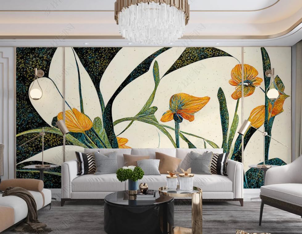 Papier peint intissé fleurs rurales pour masquer un mur abîmé de salon 350x256cm