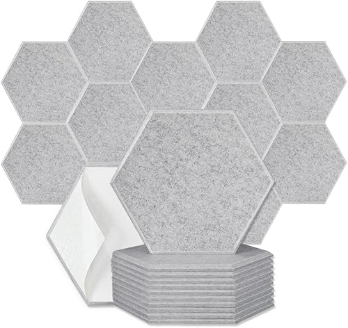 Paquete de 12 paneles acústicos hexagonales de 11.8 x 10.3 x 0.35 pulgadas, autoadhesivos de alta densidad, paneles de sonido para paneles de pared