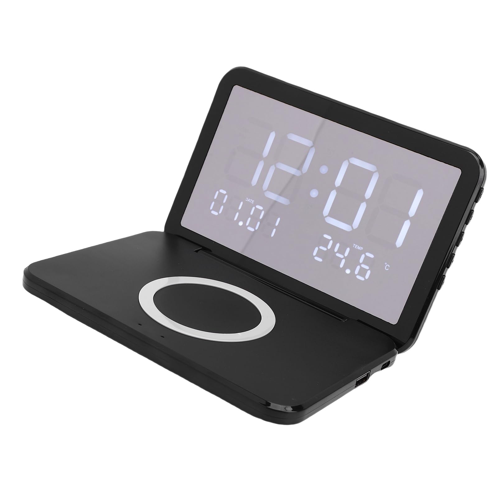 Orologio con Ricarica Wireless, Design Pieghevole con Specchio LED, Caricabatterie Rapido da 15 W per la Scrivania 'ufficio della Camera da Letto (BLACK)
