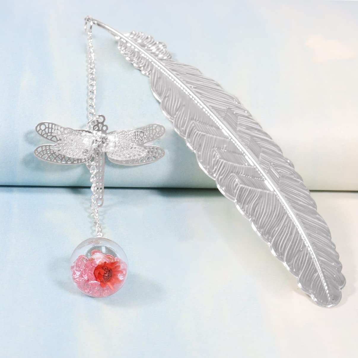 Nwvuop Metal Feather Bookmark with 3D Dragonfly Pendant, Silver Feather Pink Ball, Silver Feather Pink Ball(Red) - Image 3
