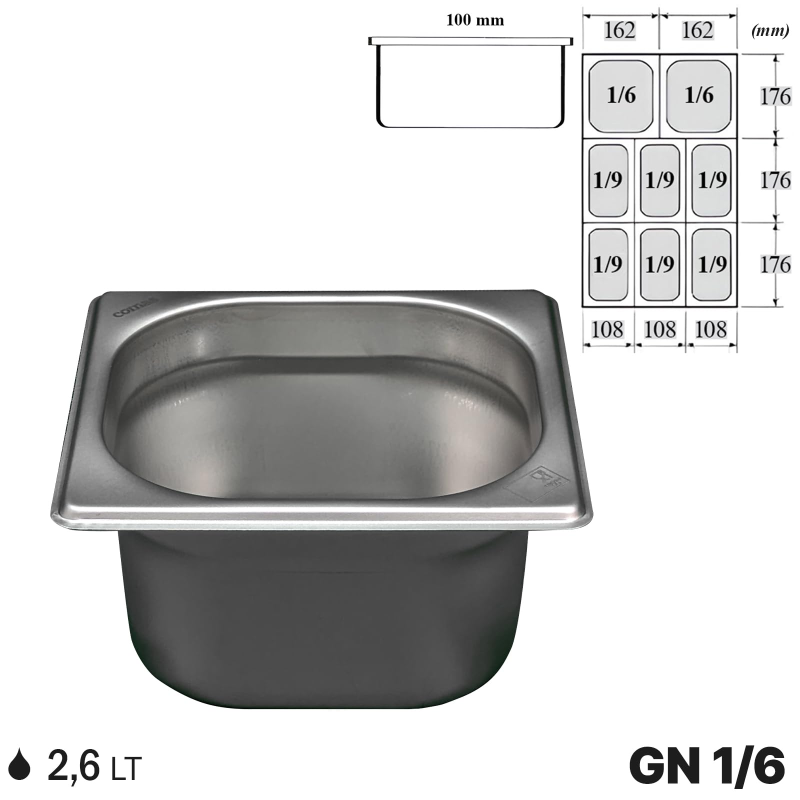 Comas Contenitore Gastronorm GN 1/6, 176x162 mm, Acciaio Inox, Bordo Piano, Impilabile, Resistente - Frigoriferi, Forni, Scaffali, Dispense, Carrelli - Professionale, Catering (H100 mm)