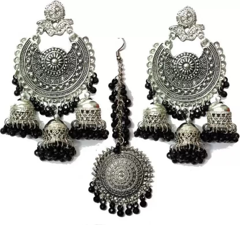 JMBW International Multicolor Triple jhumka mang tika Fashion Stylish Antique Afghani Jewelry Earrings set (Black -Golden) (B0B1B8Y2ZR) Amazon Price History, Amazon Price Tracker