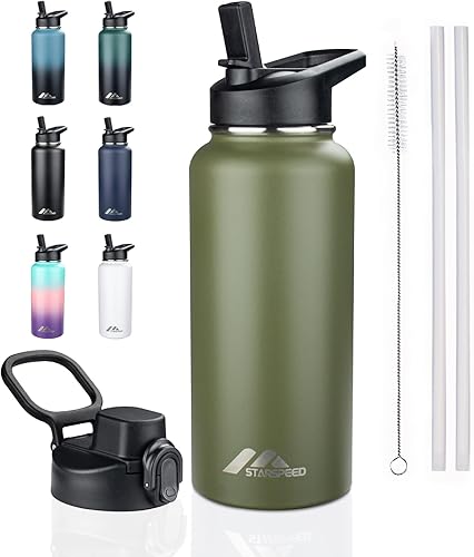 Miniatura 14 de StarSpeed - Botella de agua aislada de 32 oz con pajitas y 2 tapas, botella deportiva de acero inoxidable de doble pared con aislamiento al vacío,