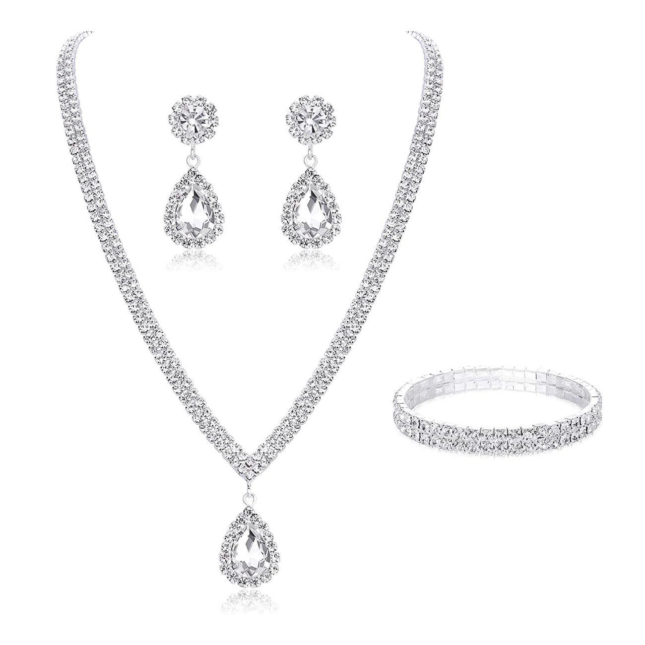 TOEECY Juego de Boda Novia Joyas Mujer y Niñas Conjunto de Joyas de Cristal Plata Colgante Collar Lágrima Pendientes Pulseras para Boda Nupcial Dama de Honor
