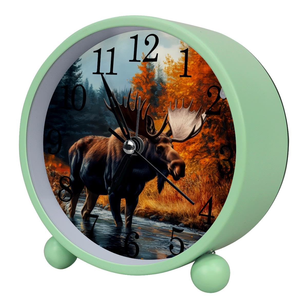 Luoweisi Alarm Clock Forest Moose River, Silent Non-Ticking with Night Light, Round Metal Alarm Clock for Office, Battery Operated, Bedroom, Elderly, Adults, Children, Student Gifts